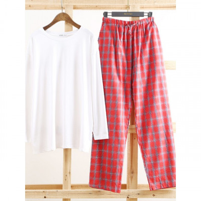 Autumn Long Sleeve Cotton Plain Color Top Plaid Pajama Set